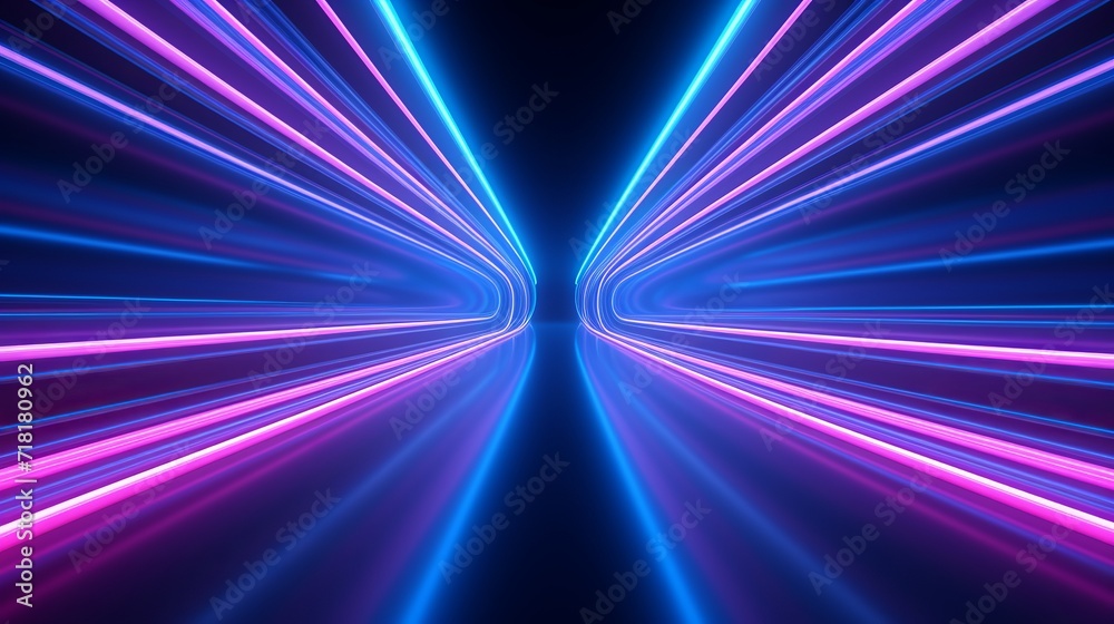 Fototapeta premium The underground tunnel is lit up with blue and pink neon light tubes in a 3d rendering.