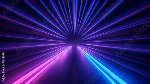 The underground tunnel is lit up with blue and pink neon light tubes in a 3d rendering.