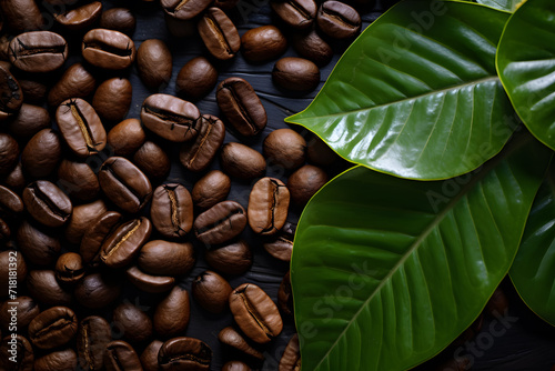 coffee beans in background with leaf