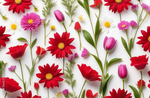 Pattern with pink and red flowers on white background. Floral backdrop.