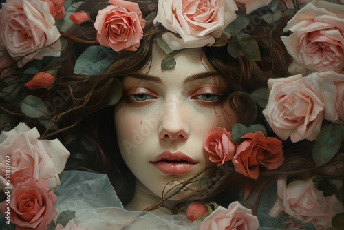 Top view of rose flowers with girl AI Generated