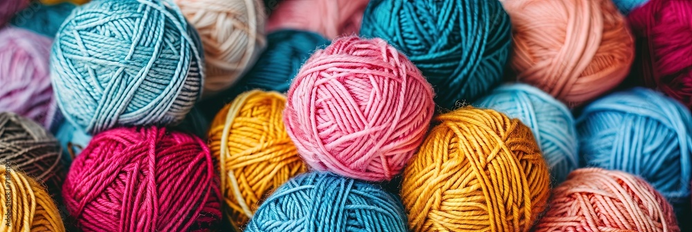 Colorful balls of yarn overhead photo - obrazy, fototapety, plakaty 