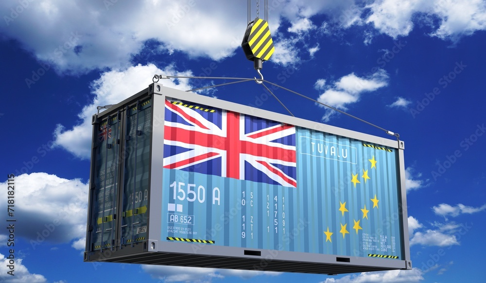 Freight shipping container with national flag of Tuvalu hanging on crane hook - 3D illustration
