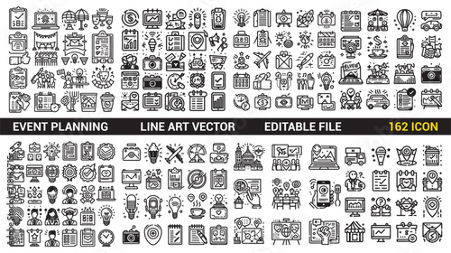Event planning icons set line art and flat style. Event party planning collection icons set vector.