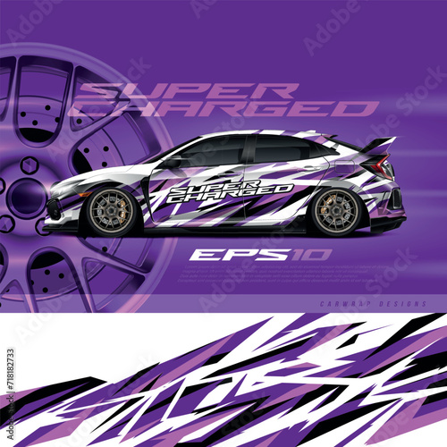 Racing car wrap design vector. Graphic abstract stripe racing background kit designs for wrap vehicle, race car, rally, adventure and livery	
