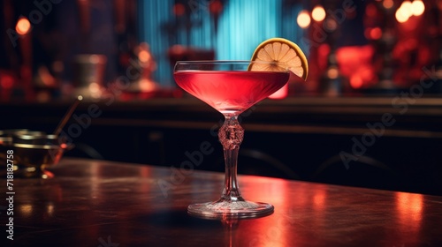 Pink champagne or a pink cocktail is on the table in a restaurant or bar. A delicious drink for relaxation and celebration.