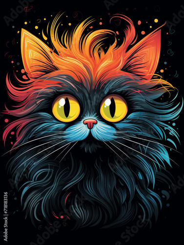T-shirt design  Rainbow frazzled cat on black chalkboard children s drawing illustration minimalistic   reated with Generative Ai