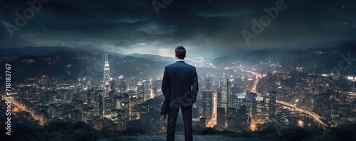 An urban landscape at night unfolds as a double exposure, with a businessman contemplatively observing the city.