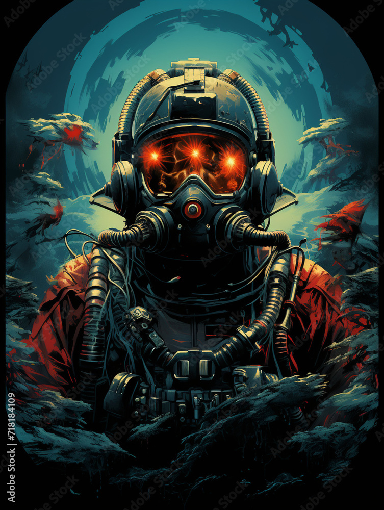 An old sci-fi poster that has a man with a space helmet and a rocket launcher, in the style of detailed and intricate compositions, dark turquoise and light red сreated with Generative AI