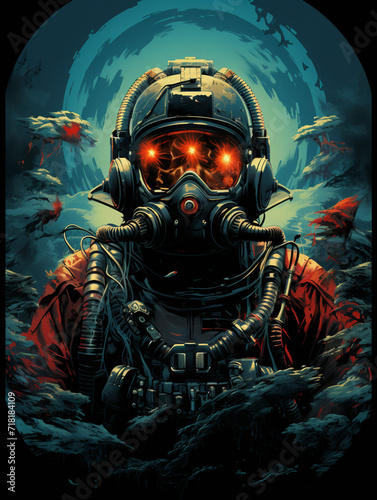 An old sci-fi poster that has a man with a space helmet and a rocket launcher, in the style of detailed and intricate compositions, dark turquoise and light red сreated with Generative AI