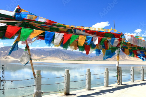 buddhist temple in the mountains, prayer flag