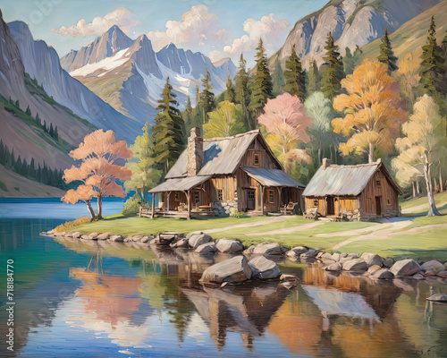 Impressionist Landscape Painting - Remote Blacksmith Shop, Rustic Tavern, Rural Schoolhouse, Tranquil Lake, and Mountain Villa with Dynamic Brushstrokes Gen AI photo
