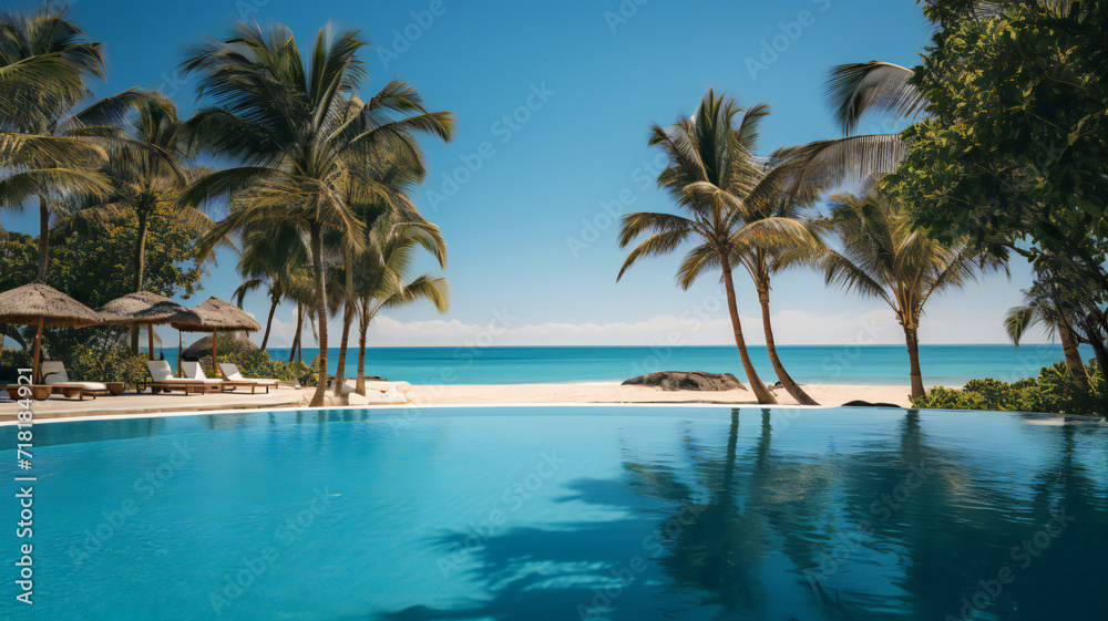 resort at a hotel. Tranquil scene of a swimming pool and beach with palm trees and white sand. Travel, vacation background