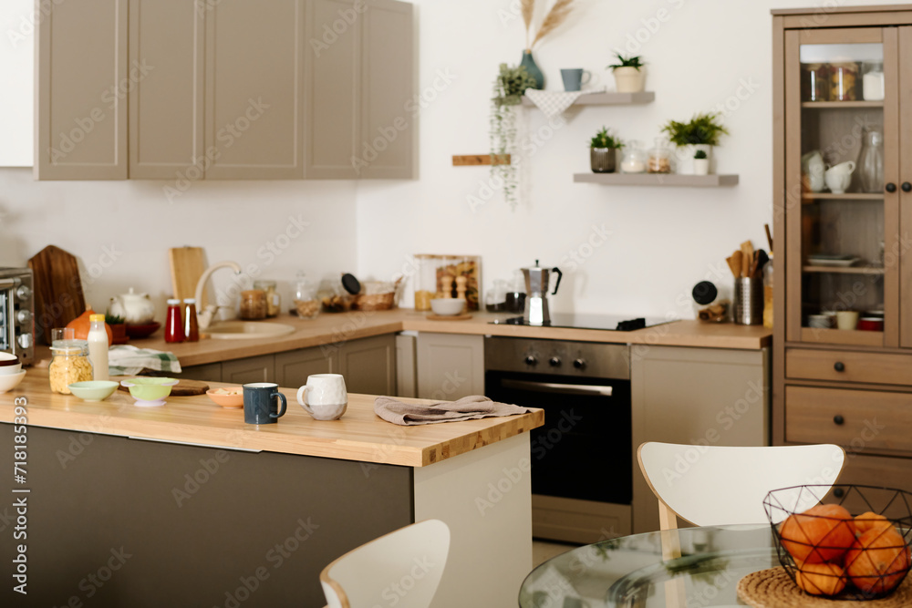 Part of modern spacious kitchen with row of cabinets hanging over counter with kitchenware and sink and electric stove with coffee pot Part of modern spacious kitchen with row of cabinets hanging over counter with kitchenware and sink and electric stove with coffee pot