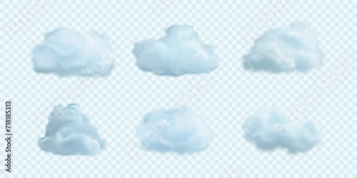 Vector icons of fluffy smoke in blue sky. Set of realistic clouds isolated on light background