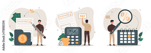 Taxes illustration set. Сharacter fills out a tax return, calculates the tax percentage by quarter and pays the tax. Taxation planning concept. Vector illustration.