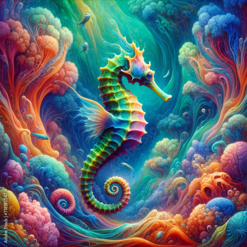 Sea Dragon in Coral Eden.. Colourful sea dragon amidst a surreal coral garden, blending fantasy and marine life.