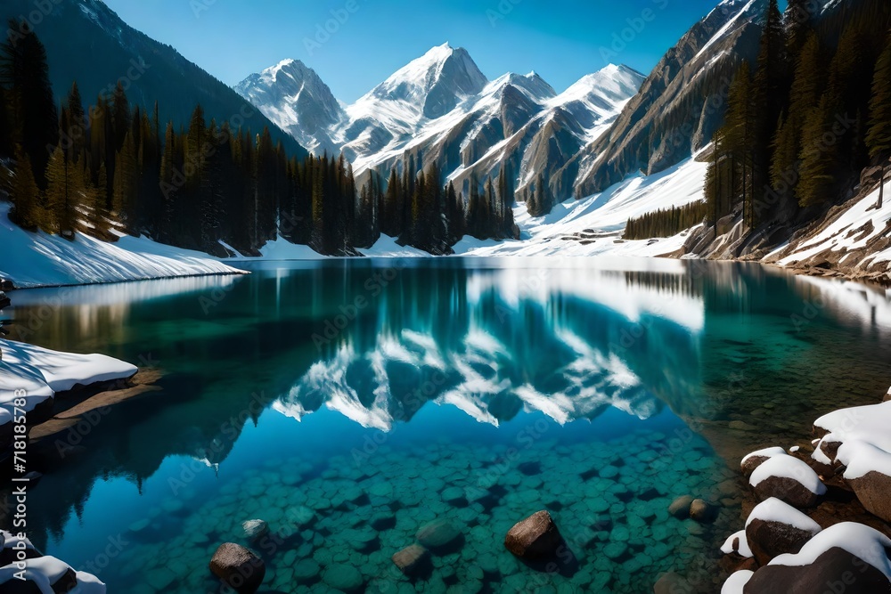A serene glacial lake surrounded by rugged, snow-capped peaks, with the calm water