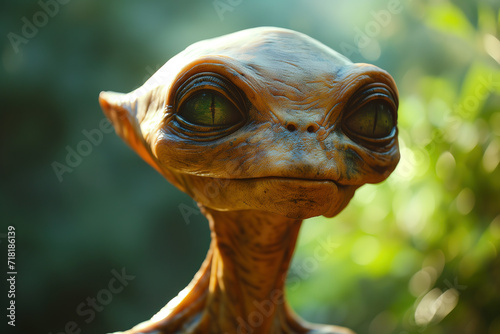 portrait of extraterrestrial ancient alien looking away against blurred green trees in forest during daytime