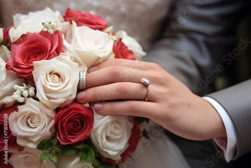 a close up of a bride holding a bouquet of flowers in her hands and a man in a suit in the background holding the bride's arm of her