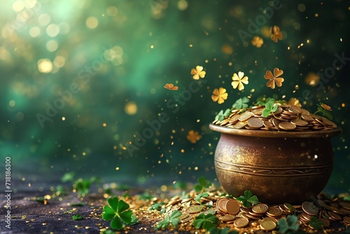 Magical Pot of Gold with Clover Leaves on St. Patrick's Day 