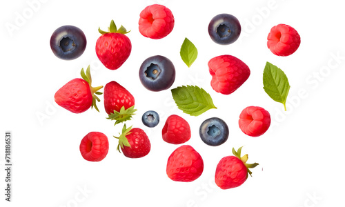 Fresh berries isolated on transparent or white background, top view. Strawberry, Raspberry, Blueberry and Mint leaf, flat lay, PNG.