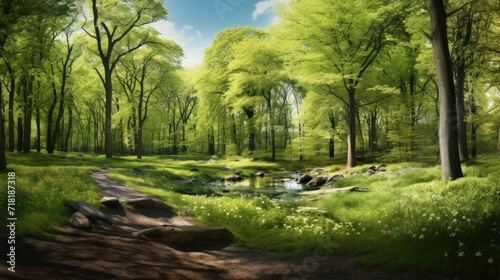 forest panorama in early May, highlighting the vibrant greenery, blooming flowers, and the inviting atmosphere.