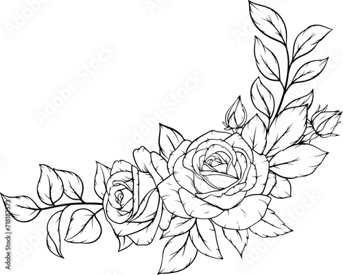 Black and white line art of elegant roses with leaves bouquet