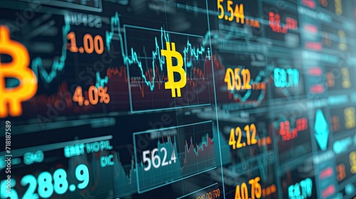 A banner with bitcoin rates on a monitor with an exchange trading schedule. photo