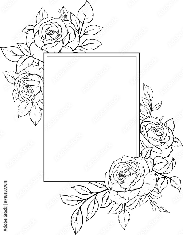 Elegant floral frame with roses and leaves in line art style