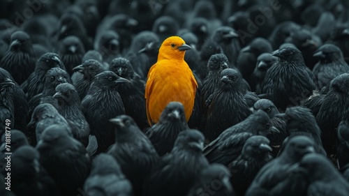 A yellow bird stands in the middle of black birds, the chosen one concept, being different, being pushed out of society