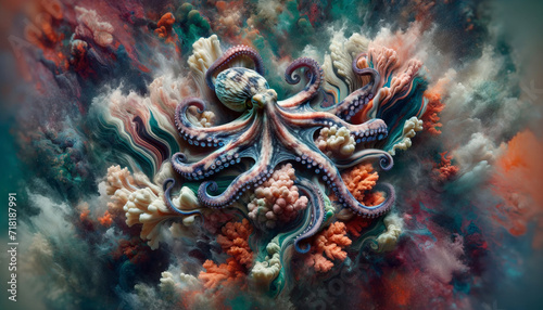 Abstract Art Octopus on a Colourful Coral Scape. A surreal octopus merges with an abstract, colourful coral scape in digital art.