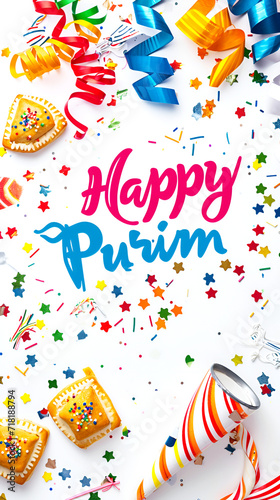 Festive Purim background, Purim attributes, triangular pies, Haman ears, traditional hamantaschen cookies. Postcard on a white background.