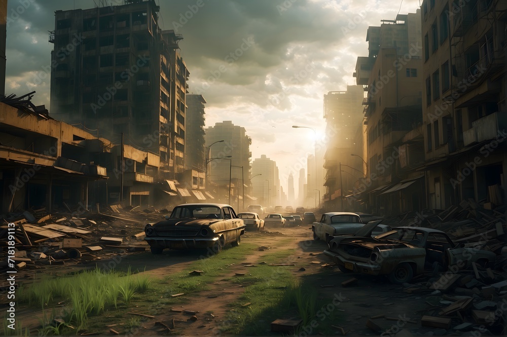 A cityscape where towering skyscrapers loom over narrow streets and dark alleyways in a post-apocalyptic world n1