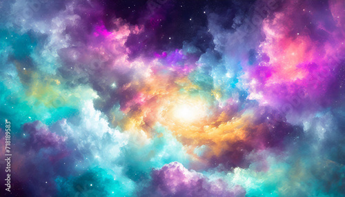 Abstract illustration  Colorful space galaxy cloud nebula. Stary night cosmos. Universe science astronomy. Supernova background wallpaper. Contrasting heaven and hell concept art