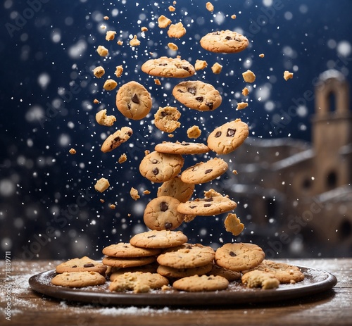 Flying chocolate chip cookies on wooden table with falling snowflakes.