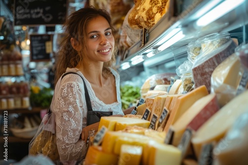 A stylish woman with a kind face browses the cheese selection at the bustling marketplace, dressed in fashionable clothing and surrounded by the enticing aromas of the indoor shop