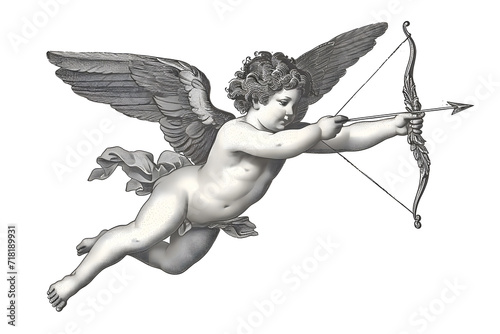 Cupid flying overhead shooting his arrow vintage illustration isolated on white background photo