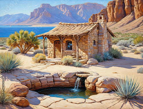 Impressionist Landscape - Remote Lockkeeper's House, Desert Oasis, Seaside Cottage with Stone Well Gen AI photo