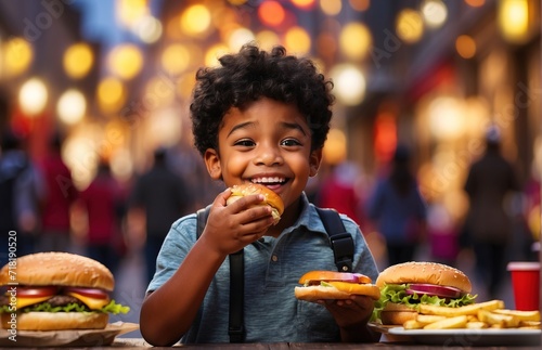 Kid eating burguer against a festive parade background