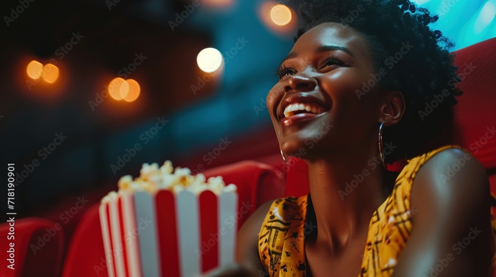 Fototapeta premium a young african-american woman with popcorn watching movie in cinema laughing, cinema and theatre. Created with Generative Ai technology.