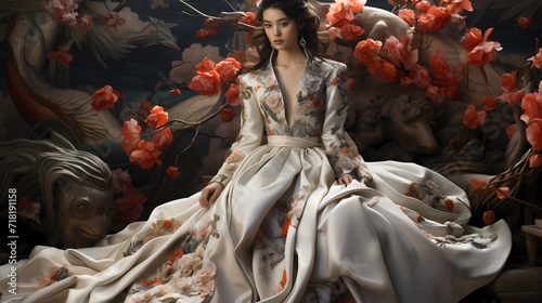 He Jiaying-inspired fashion fairy with an elaborate dragon-inspired gown, each detail captured in realistic perfection on a white canvas