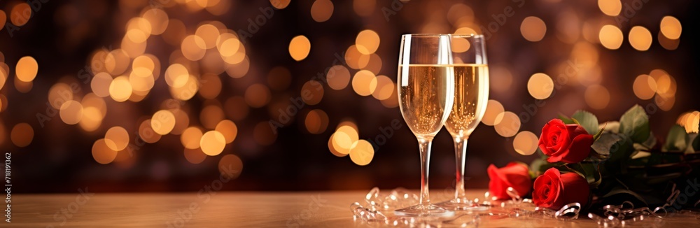 Two glasses of champagne with red  roses on a wooden table with bokeh background, horizontal banner, copy space for text, Valentine's Day, love wedding celebration concept 