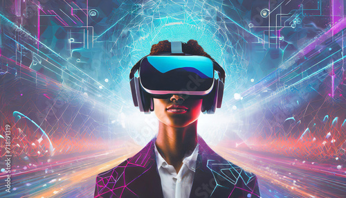 Exploring the Metaverse: VR Headset in a Futuristic Virtual World with Double Exposure, State-of-the-Art Technology, and Advanced State of Consciousness.