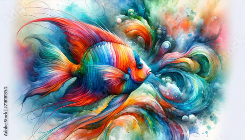 Colourful Fish Illustration. Vibrant artistic depiction of a fish with abstract colourful swirls. © AI Visual Vault