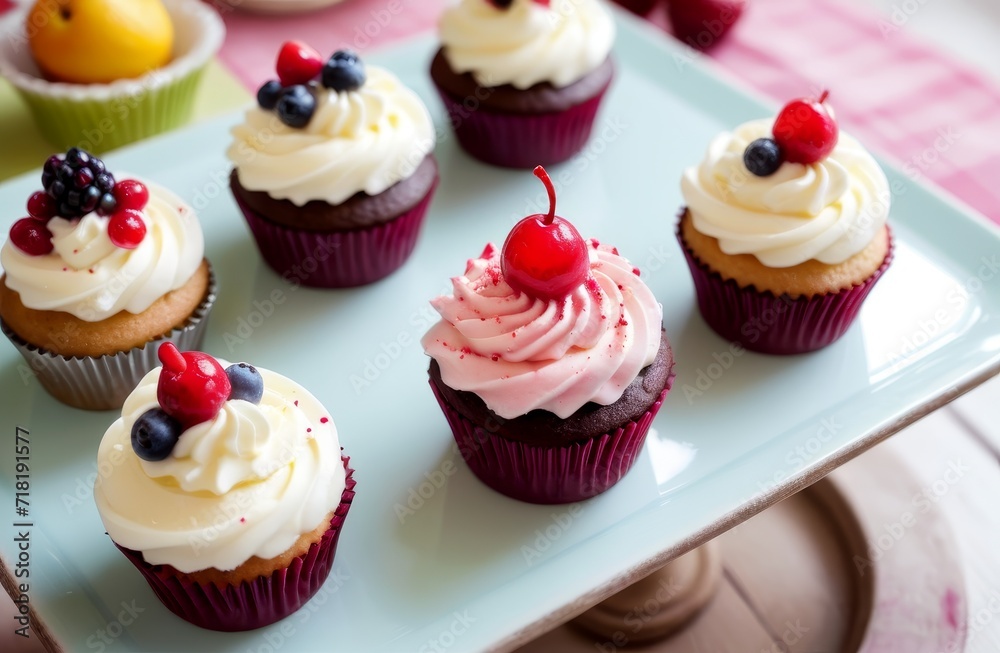Assorted cupcakes with berries on top on a pastel colored plate.