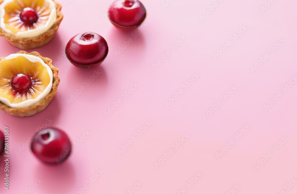 Fruit tartlets and cherries on a pink background, top view