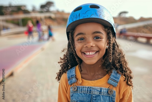A young girl radiates joy and safety as she confidently wears her blue helmet while exploring the great outdoors, showcasing her fashion-forward accessory and care for personal safety