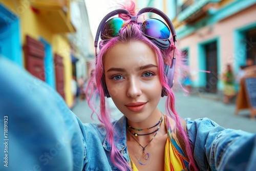 A stylish girl captures the vibrant essence of street fashion with her colorful hair and trendy sunglasses while snapping a selfie on the bustling city streets