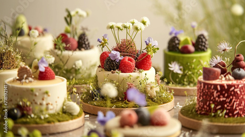 Elegant desserts of very high quality  decorated with flowers  unusual presentation  and works of culinary art  for weddings and children s parties.